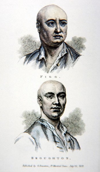 James Figg och Jack Broughton, från ett tryck publicerat 1812 (lito i färg) av English School
