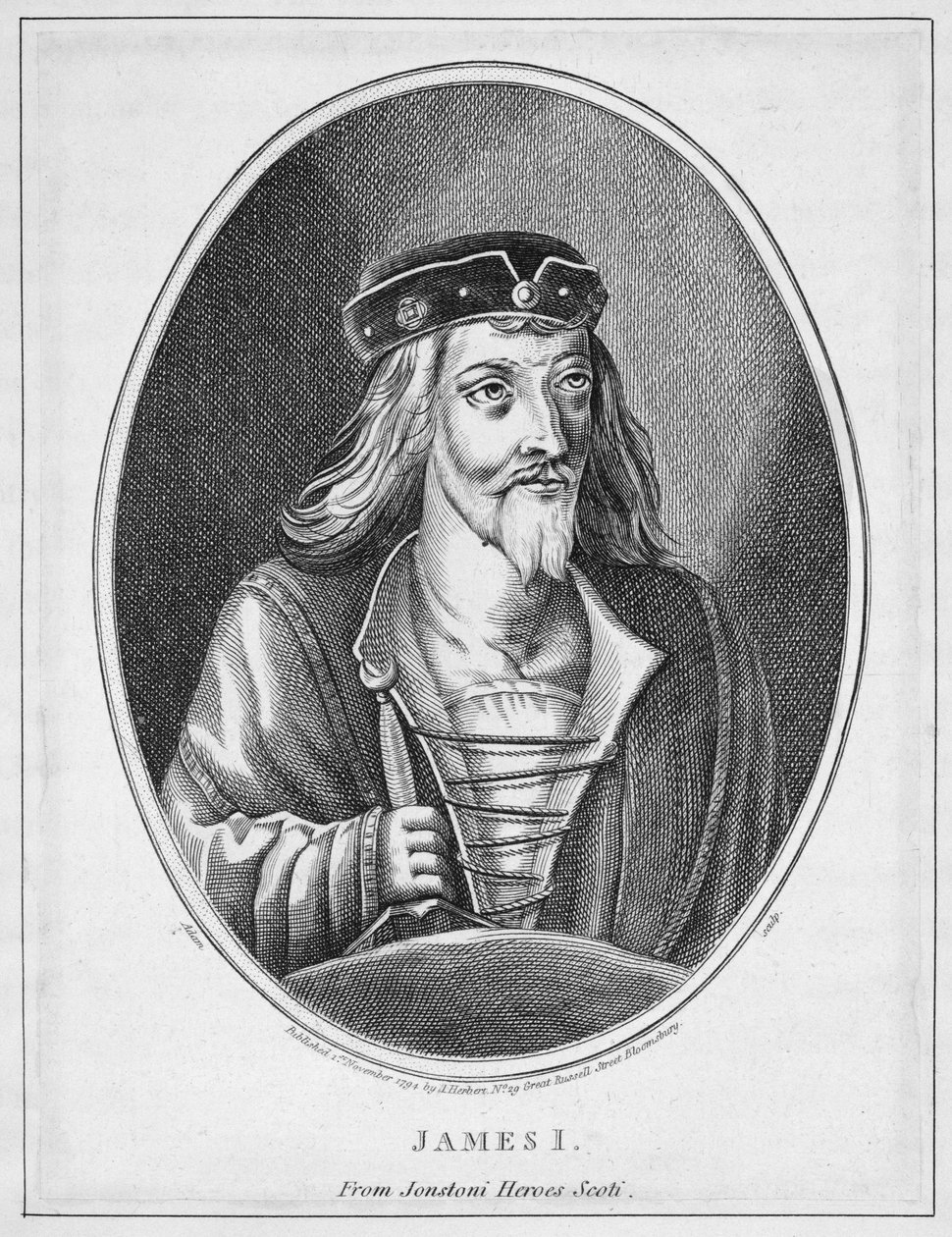 James I (1394-1437), kung av Skottland, från Johnstones Scottish Heroes, graverad av Adam, publicerad 1794 av English School