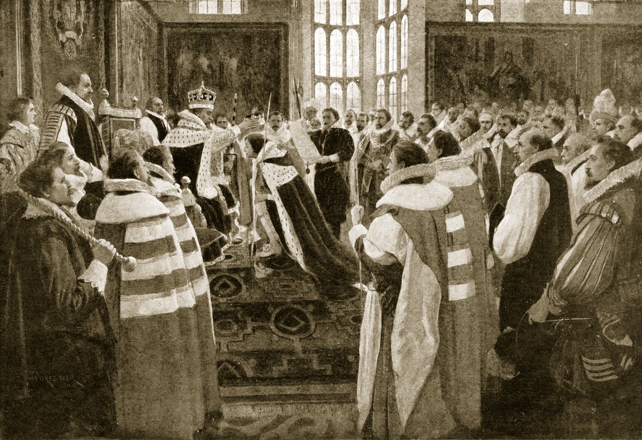 James I investerar sin son Charles som Prince of Wales, 1616, illustration från Hutchinsons Story of the British Nation, c.1923 av English School