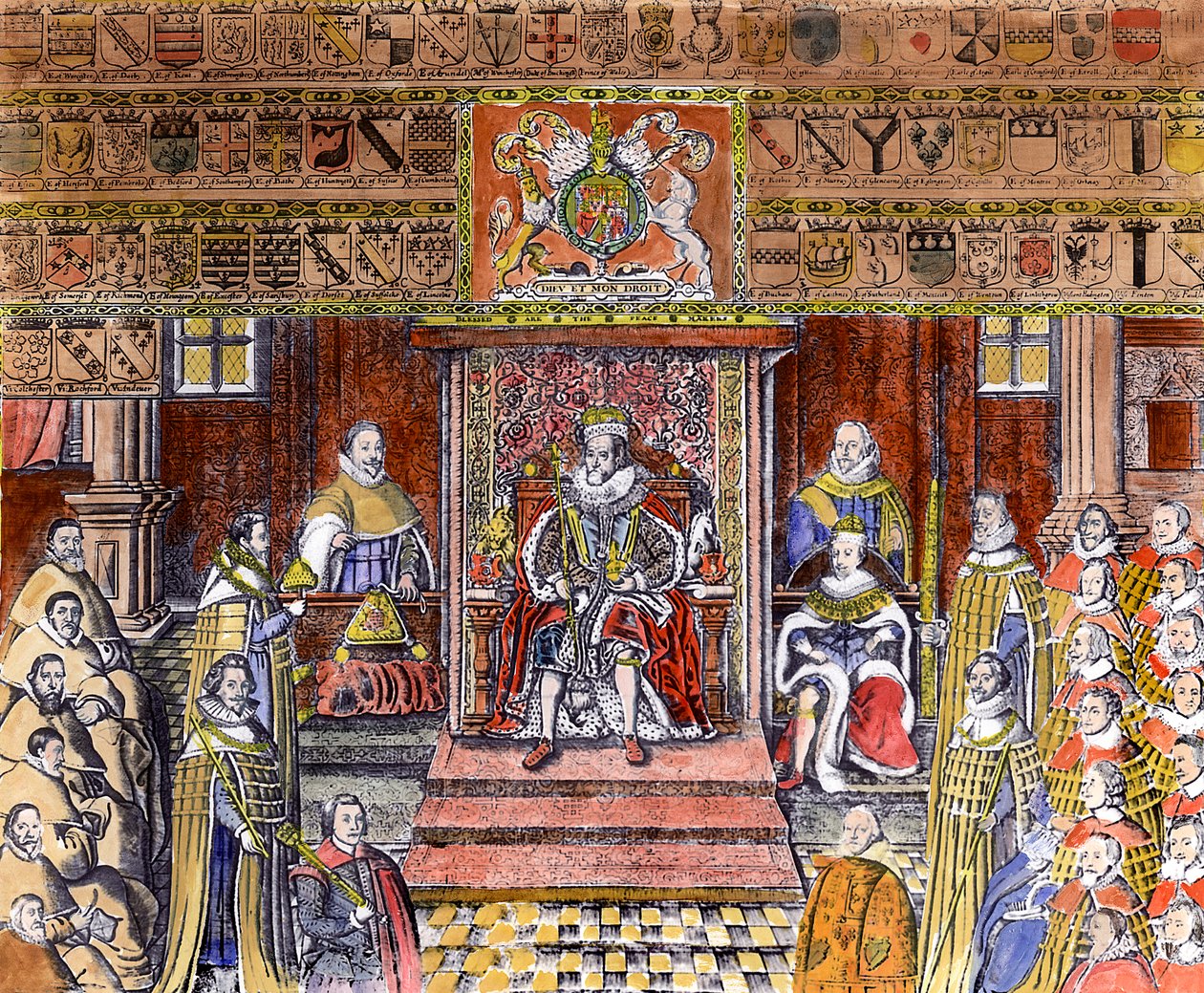 James I av England (1566-1625) vid Court, (gravyr) (senare färgläggning) av English School