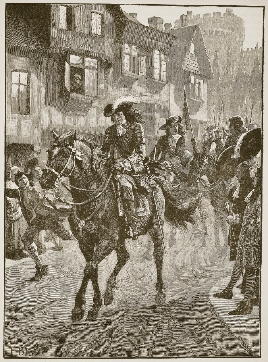 James kommer in i Dublin efter slaget vid Boyne, illustration från Cassells Illustrated History of England (sepiafoto) av English School