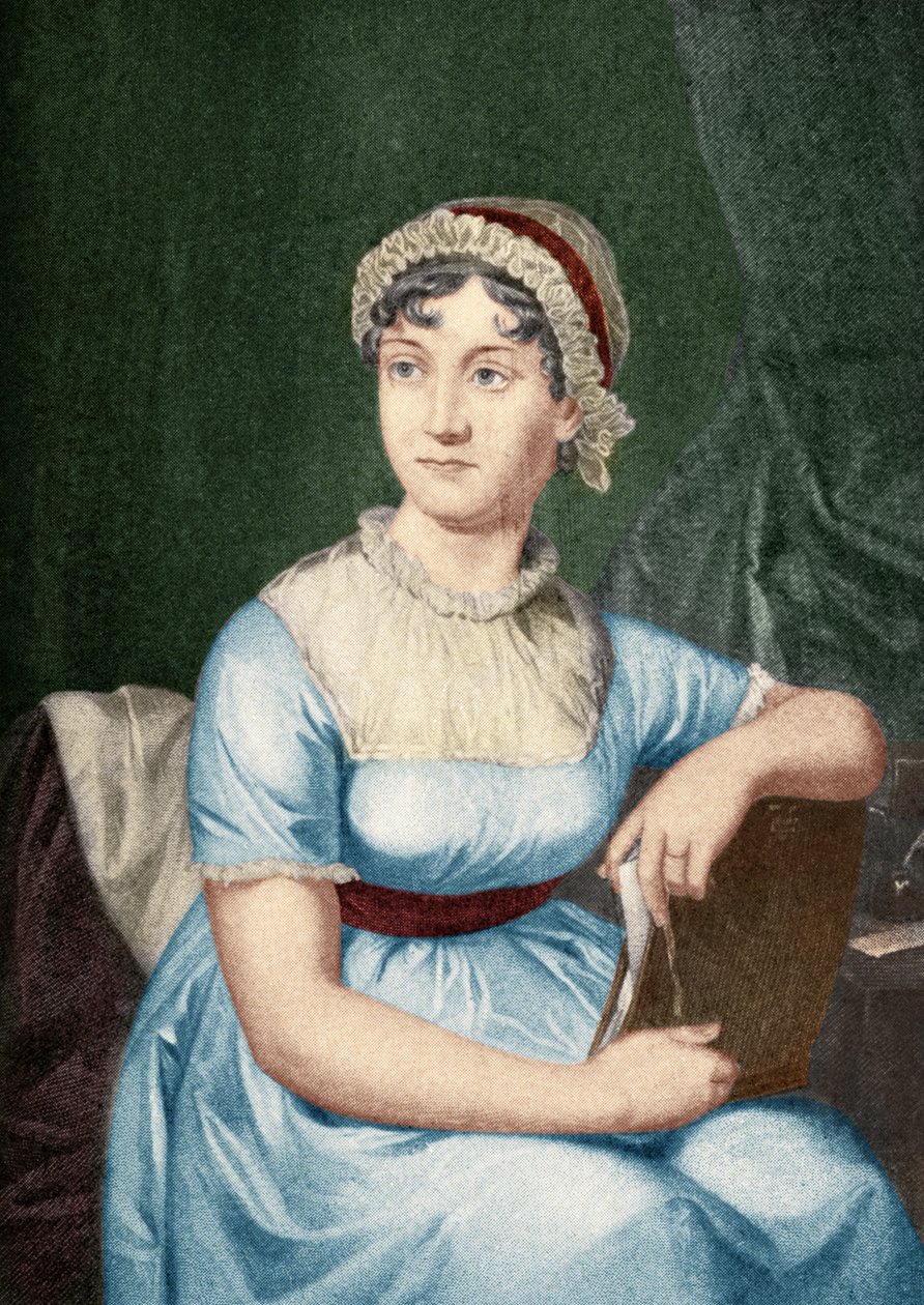 Jane Austen (1775-1817) illustration från "Little Journeys to the Homes of Famous Women", publicerad 1897 (senare färgläggning) av English School