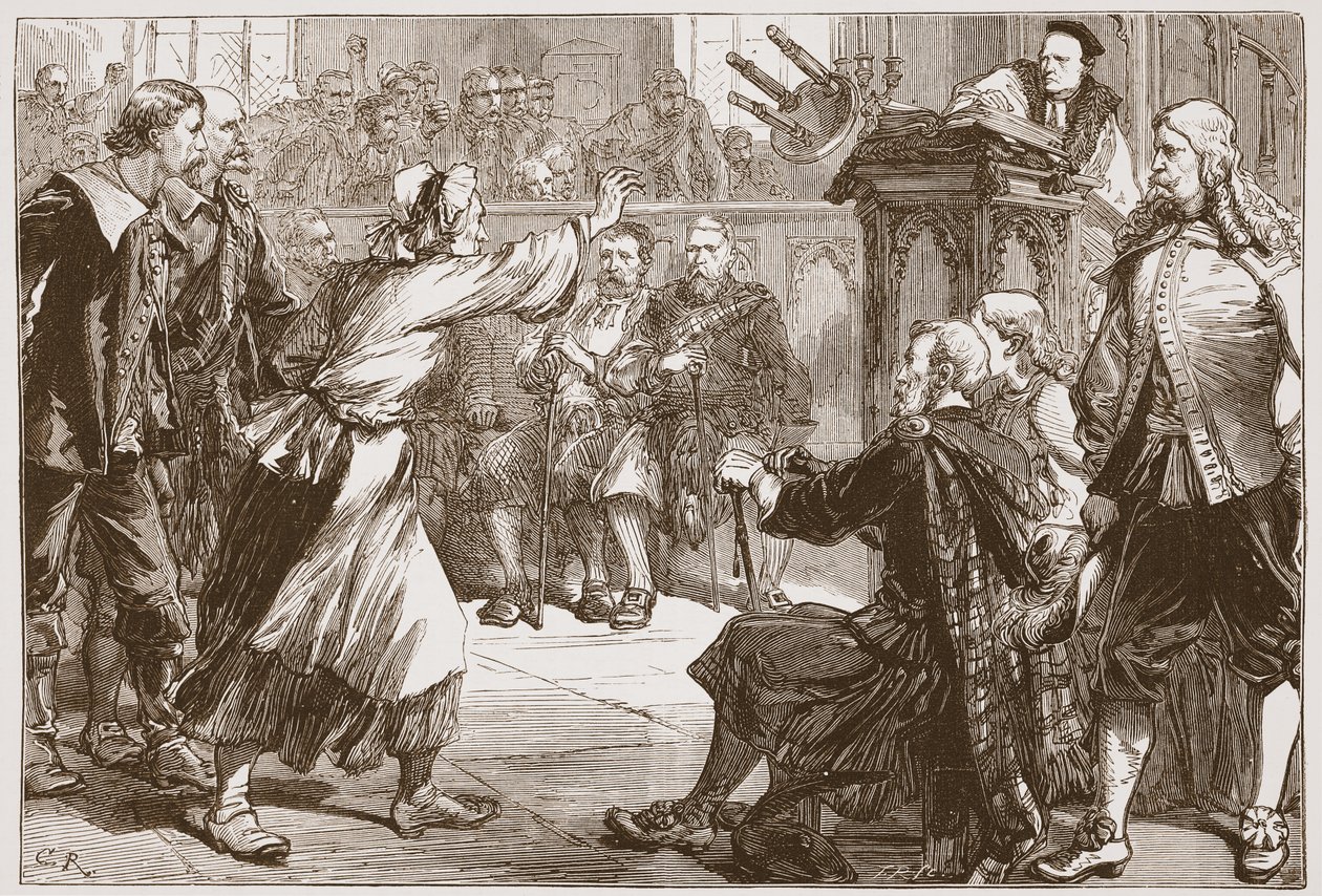 Janet Geddes kastar sin pall mot dekanus i Edinburgh, illustration från The History of Protestantism av James Aitken Wylie (1808-1890), pub. 1878 av English School