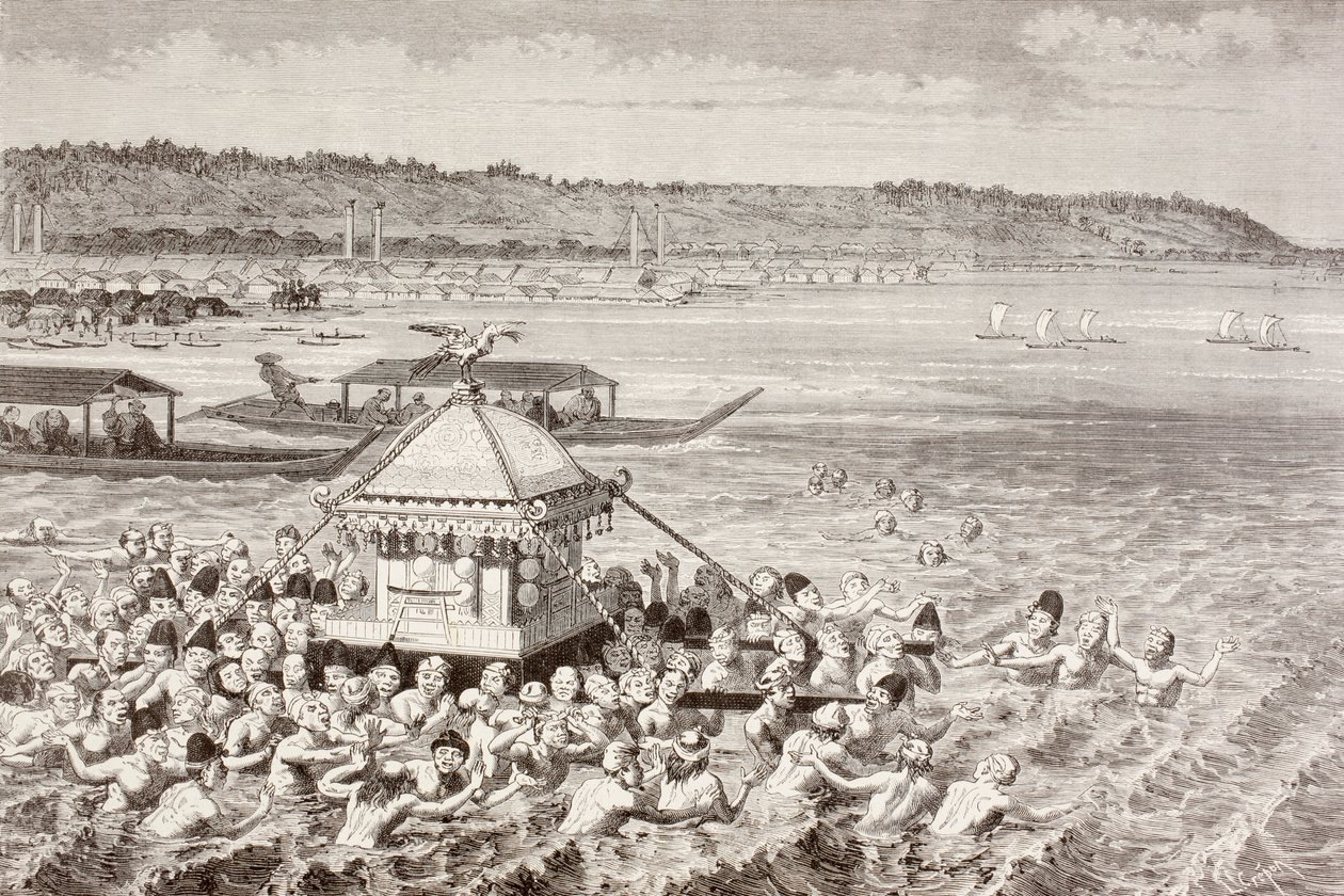 Japanska fiskare som firar Gots-Tennoo på 1800-talet (litho) av English School