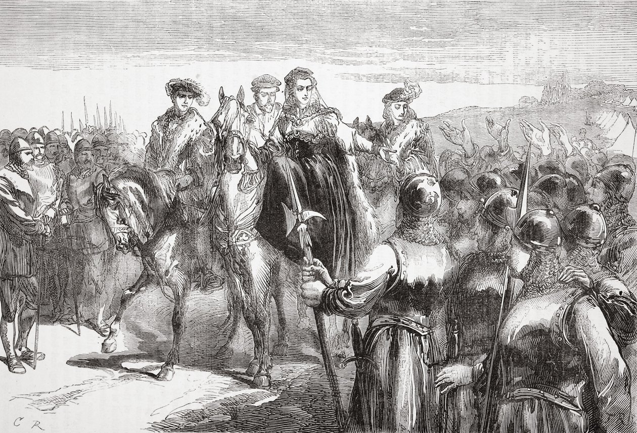 Jeanne DAlbret, drottning av Navarra, talar till hugenottsoldaterna, illustration från The History of Protestantism av James Aitken Wylie (1808-1890), pub. 1878 av English School
