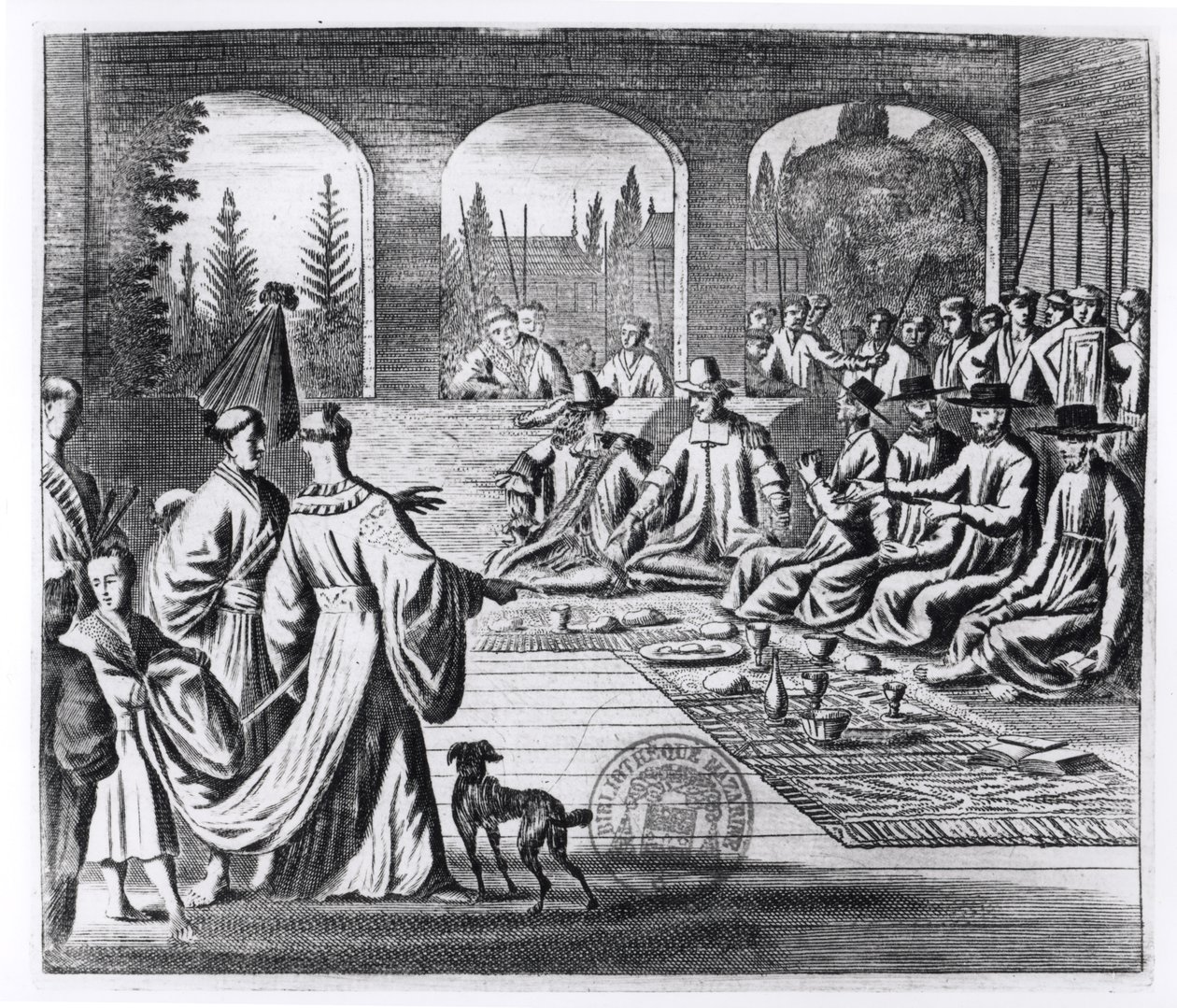Jesuiter med holländska och portugisiska köpmän vid den japanska kejsarens hov, illustration från A Memorable Embassy to the Emperor of Japan av Arnold Montanus, publicerad i London 1670 av English School