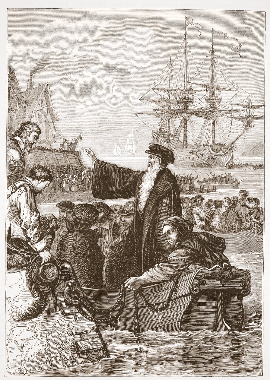 John Alasco och hans församling lämnar England, illustration från The History of Protestantism av James Aitken Wylie (1808-1890), pub. 1878 av English School