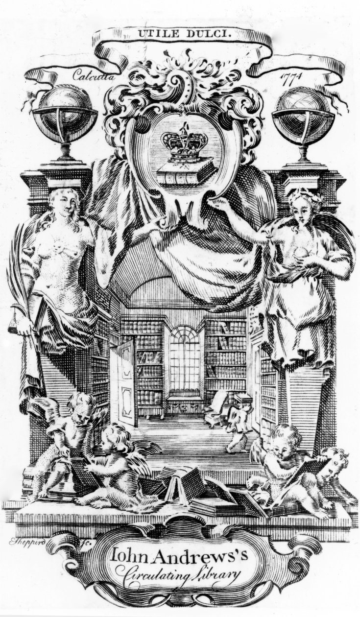 John Andrewss Circulating Library bokmärke av Joseph Shepperd, publicerad i Calcutta, 1774 av English School