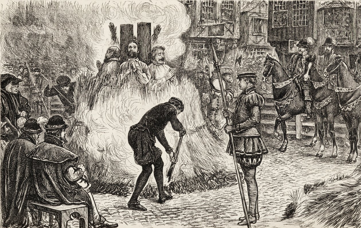 John Bland, John Frankesh, Nicholas Sheterden och Humphrey Middleton brändes levande för kätteri på 1500-talet, ca 1865 (trästick) av English School