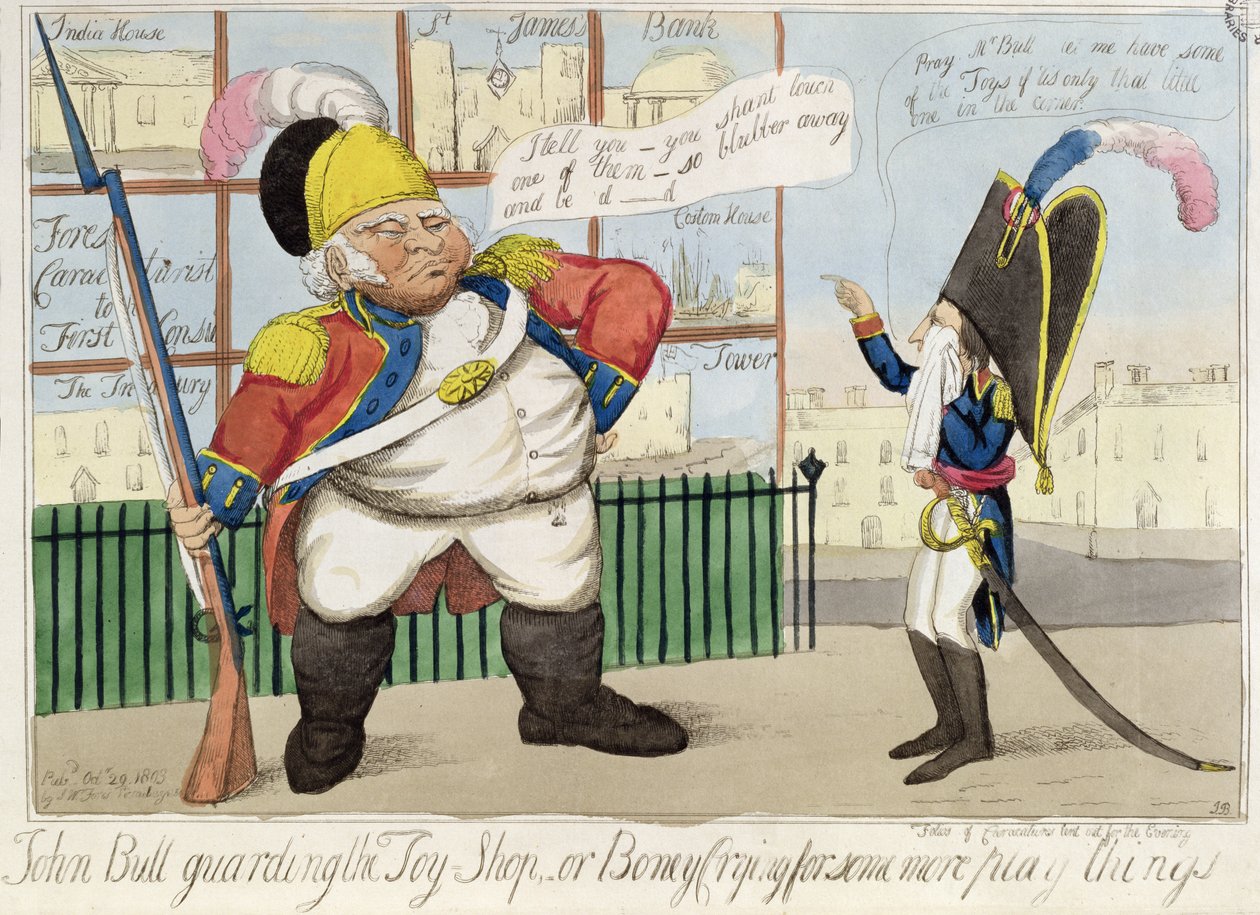 John Bull Guarding the Toy Shop, eller Boney Crying for Some More Play Things, pub. av S.W. Fores, 1803 (färgad etsning) av English School