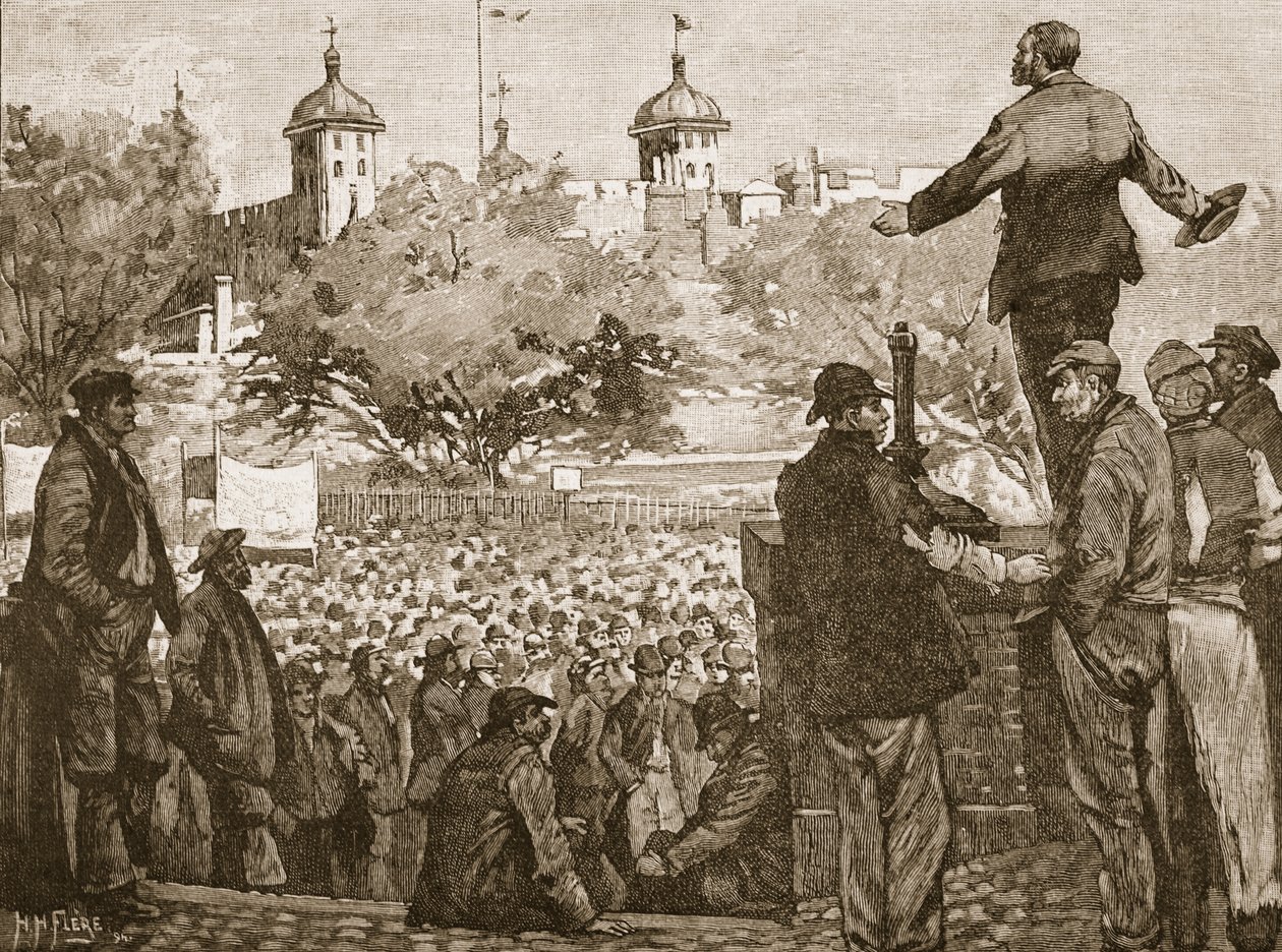 John Burns talar till ett möte för hamnarbetare vid Tower Hill, 1889, illustration från Cassells Illustrated History of England (sepiafoto) av English School
