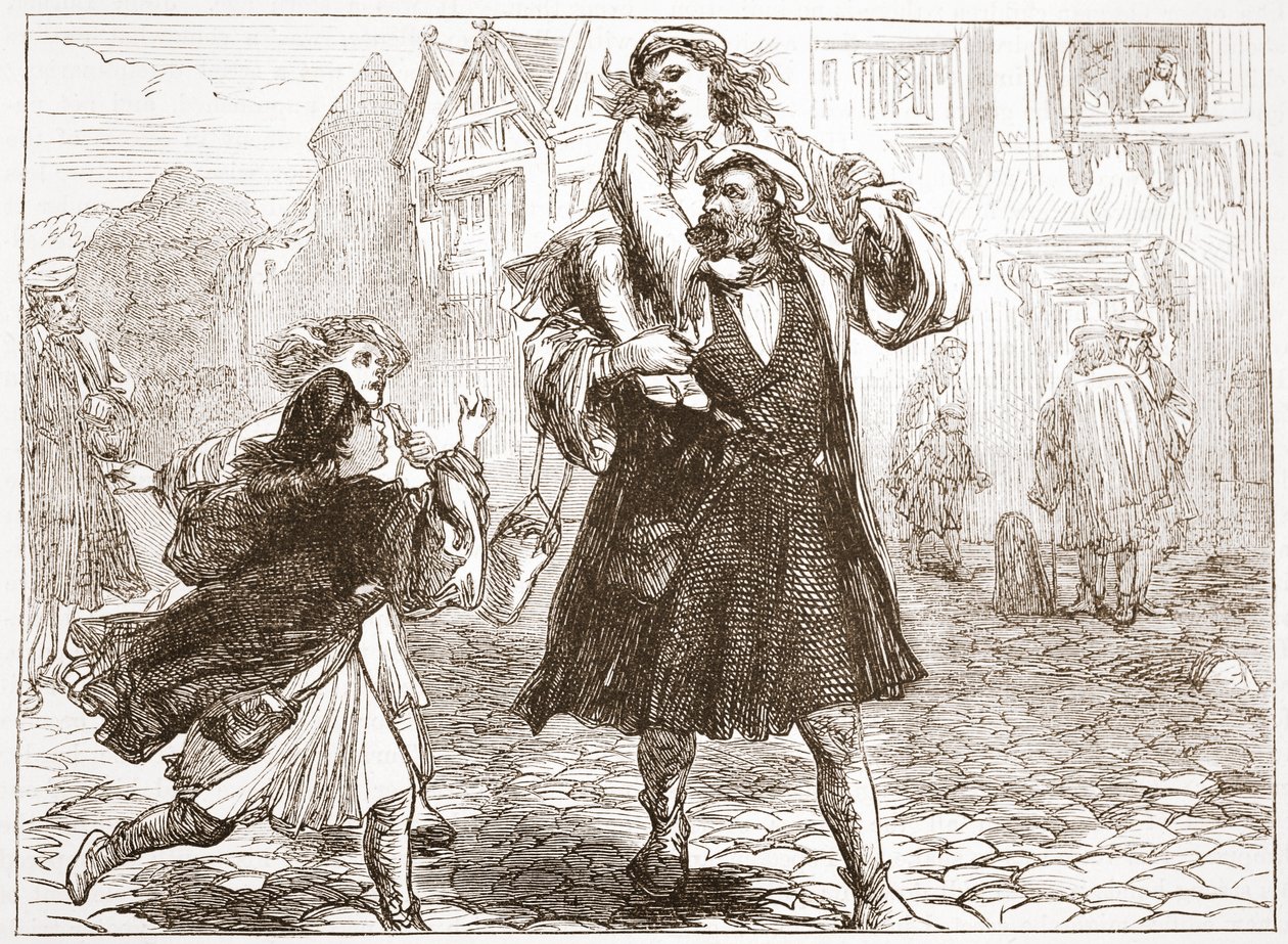 John Luther tar sin son till skolan, illustration från The History of Protestantism av James Aitken Wylie (1808-1890), pub. 1878 av English School