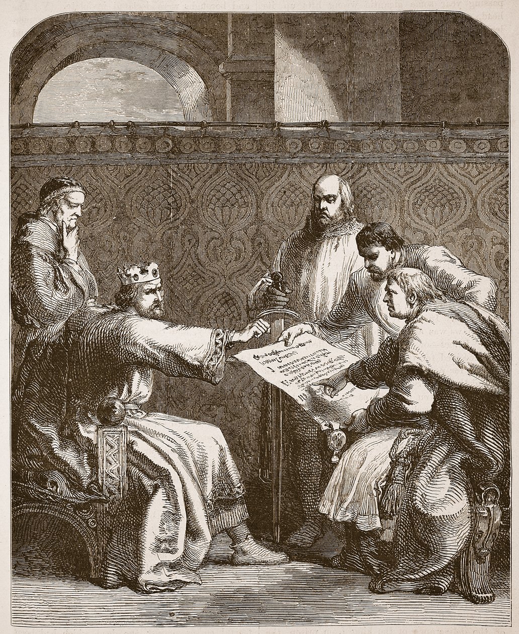 John vägrar att underteckna baronernas artiklar, illustration från Cassells Illustrated History of England (sepiafoto) av English School