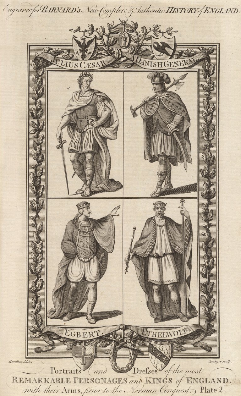 Julius Cesar, en dansk general, Egbert och Ethelwolf, illustration från "Portraits and Dresses of the Kings of England..." av Edward Barnard av English School
