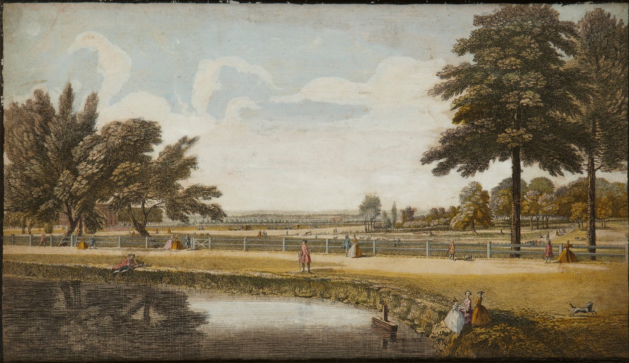 Kensington Gardens, c.1740-60 (handfärgad gravyr) av English School