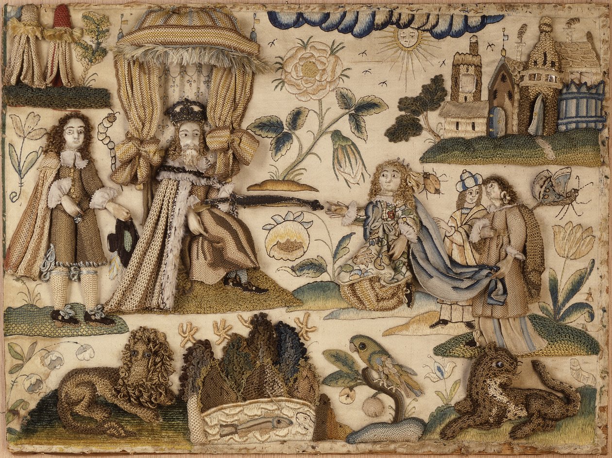 Kung Ahasverus och drottning Ester, ca 1660 (siden, metallgarner och isinglass) av English School