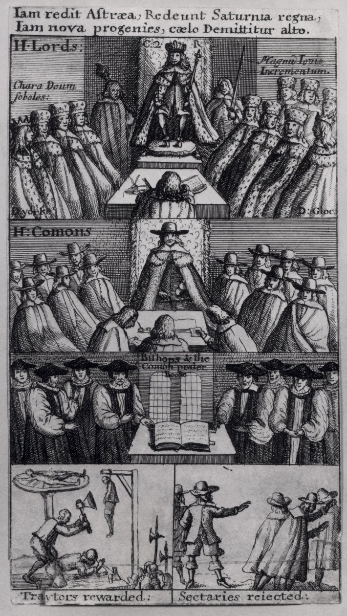 Kong Charles II (1630-85) med parlamentets huse, 1660 swed av English School