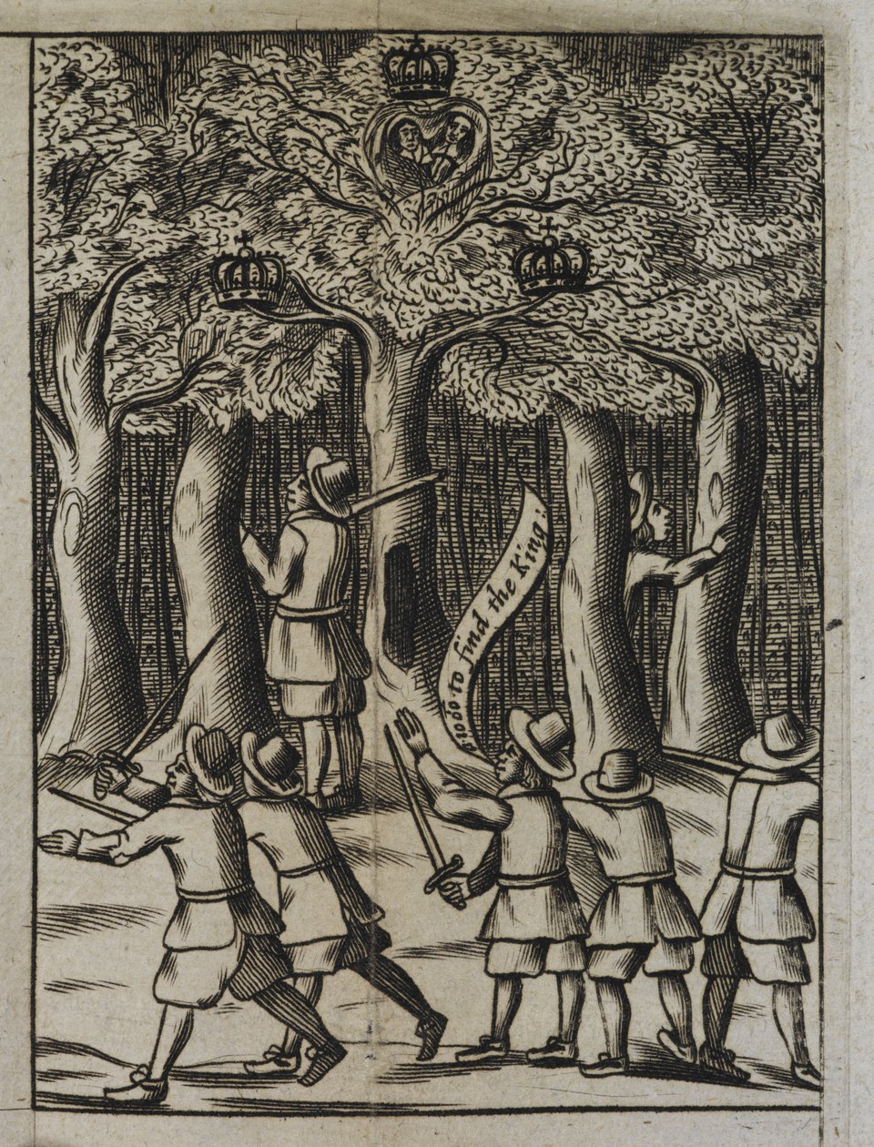Kung Charles II gömmer sig i Boscobel Woods, från "The History of his Sacred Majestys most Wonderfull Preservation, after the Battle of Worcester" av English School