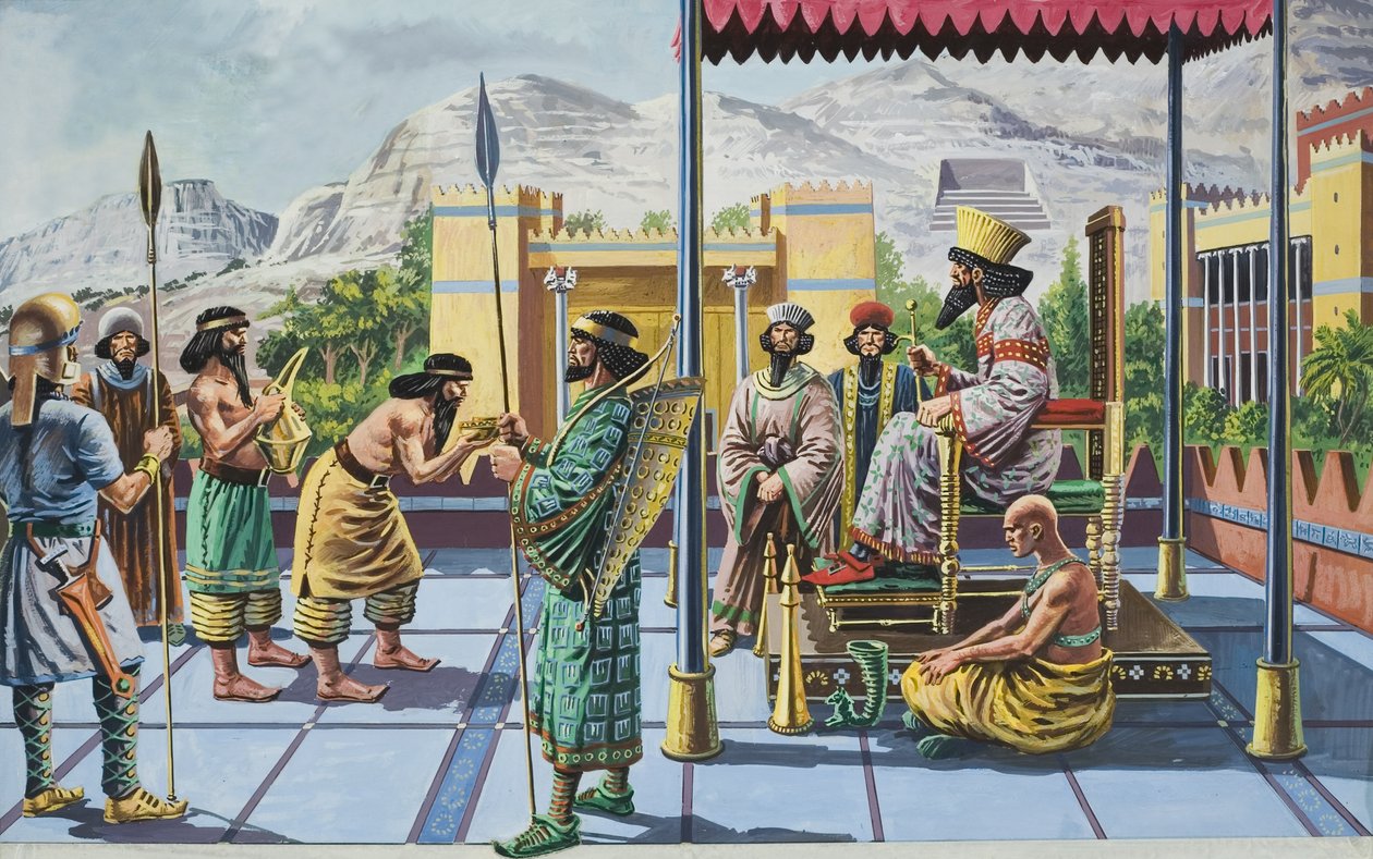 Kung Darius I (ca 550-486 f.Kr.) tar emot gåvor i ett av sina palats (gouache på papper) av English School