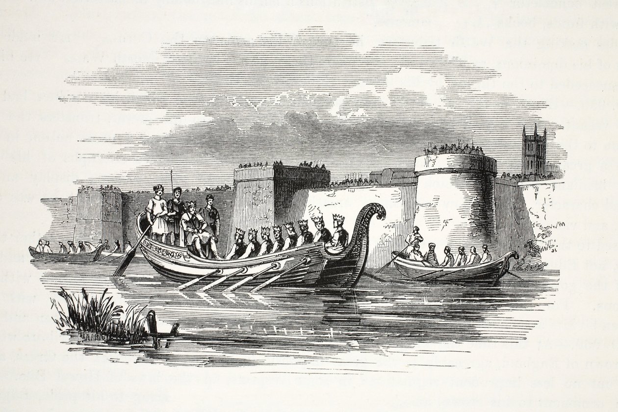 Kung Edgar rodde av åtta kungar på River Dee, pub. 1800-talet (stålgravyr) av English School