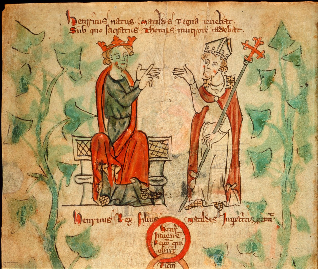 Kung Henrik II satt på tronen och argumenterade med Thomas Becket, illustration från 