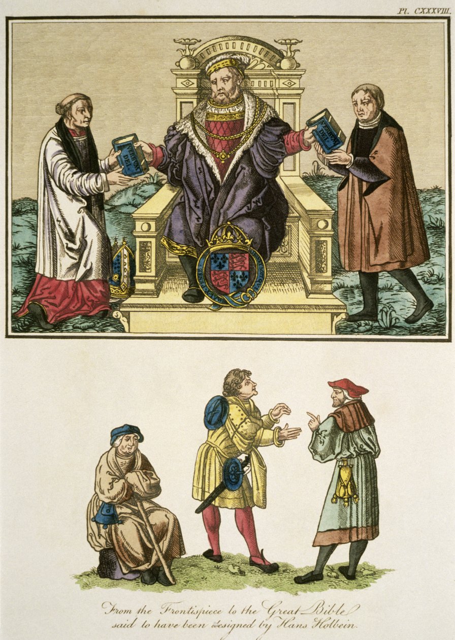 Kung Henrik VIII (1491-1547) från framsidan till den stora bibeln som sägs ha designats av Hans Holbein (14978-1543) illustration från The Complete View of the Dress and Habits of the People o av English School
