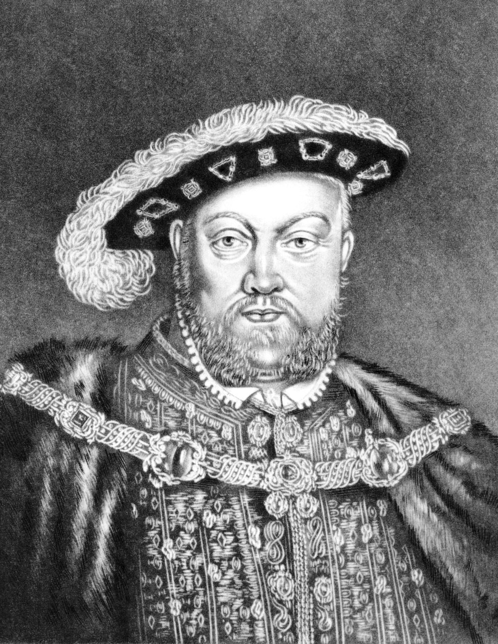 Kung Henrik VIII (c1491-1547) illustration från "Porträtt av karaktärer illustrerade i brittisk historia", (mezzotint) av English School
