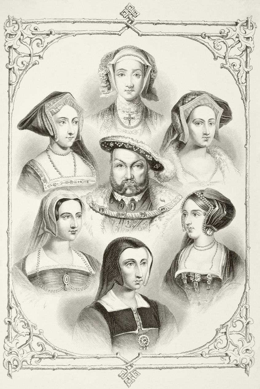 Kung Henry VIII av England och hans sex fruar, från "The National and Domestic History of England" av William Hickman Smith Aubrey (1858-1916) publicerad i London, ca 1890 av English School