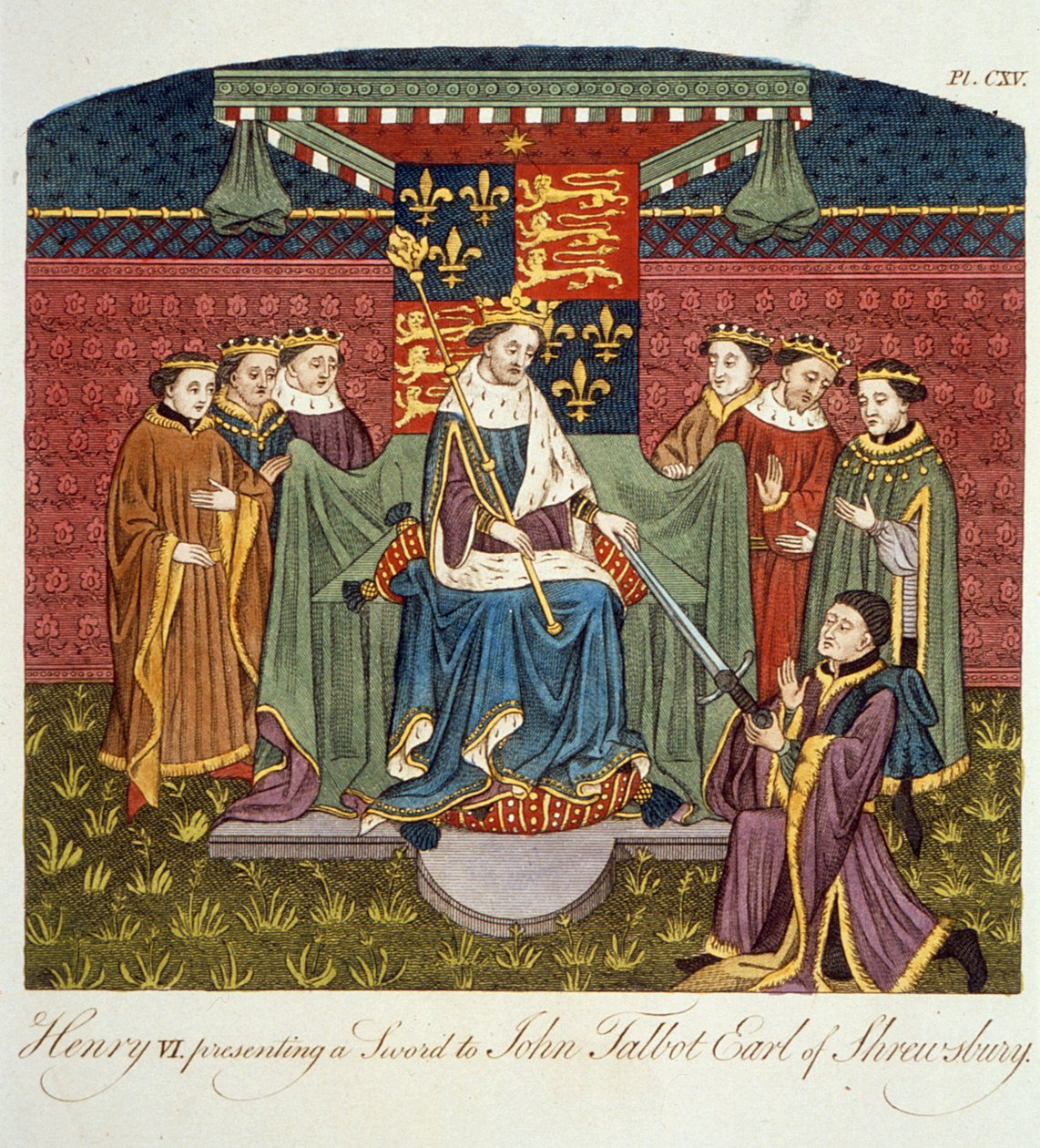Kung Henrik VI (1421-71) presenterar ett svärd till John Talbot (ca 1388-1453) Earl of Shrewsbury, illustration från The Complete View of the Dress and Habits of the People of England Volym II, publicerad 17 av English School