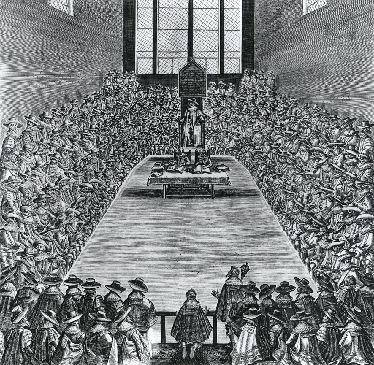 Kung James I (1566-1625) i parlamentets hus, 1624 av English School