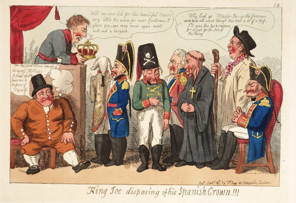 Kung Joe gör sig av med sin spanska krona!!! Pub. 1808 (handfärgad gravyr) av English School