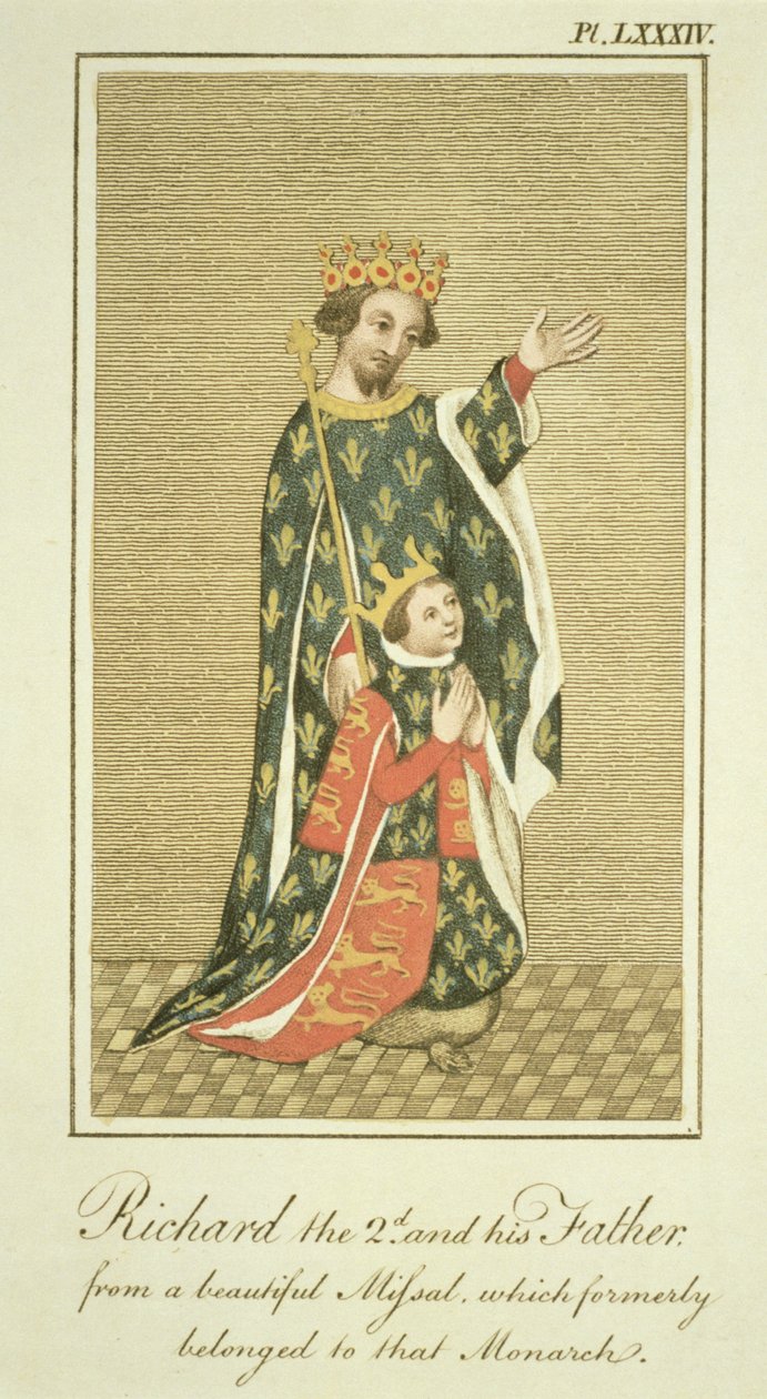 Kung Richard II (1367-1400) med sin far Edward (1330-76) den svarte prinsen, illustration från The Complete View of the Dress and Habits of the People of England Volym II, publicerad 1799 (färgad av English School
