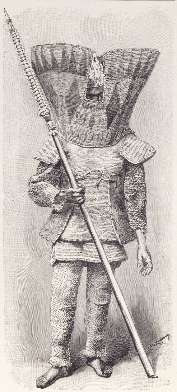 Kingsmill Islander i full rustning, från The History of Mankind, Vol.1, av Prof, Friedrich Ratzel, 1896 av English School