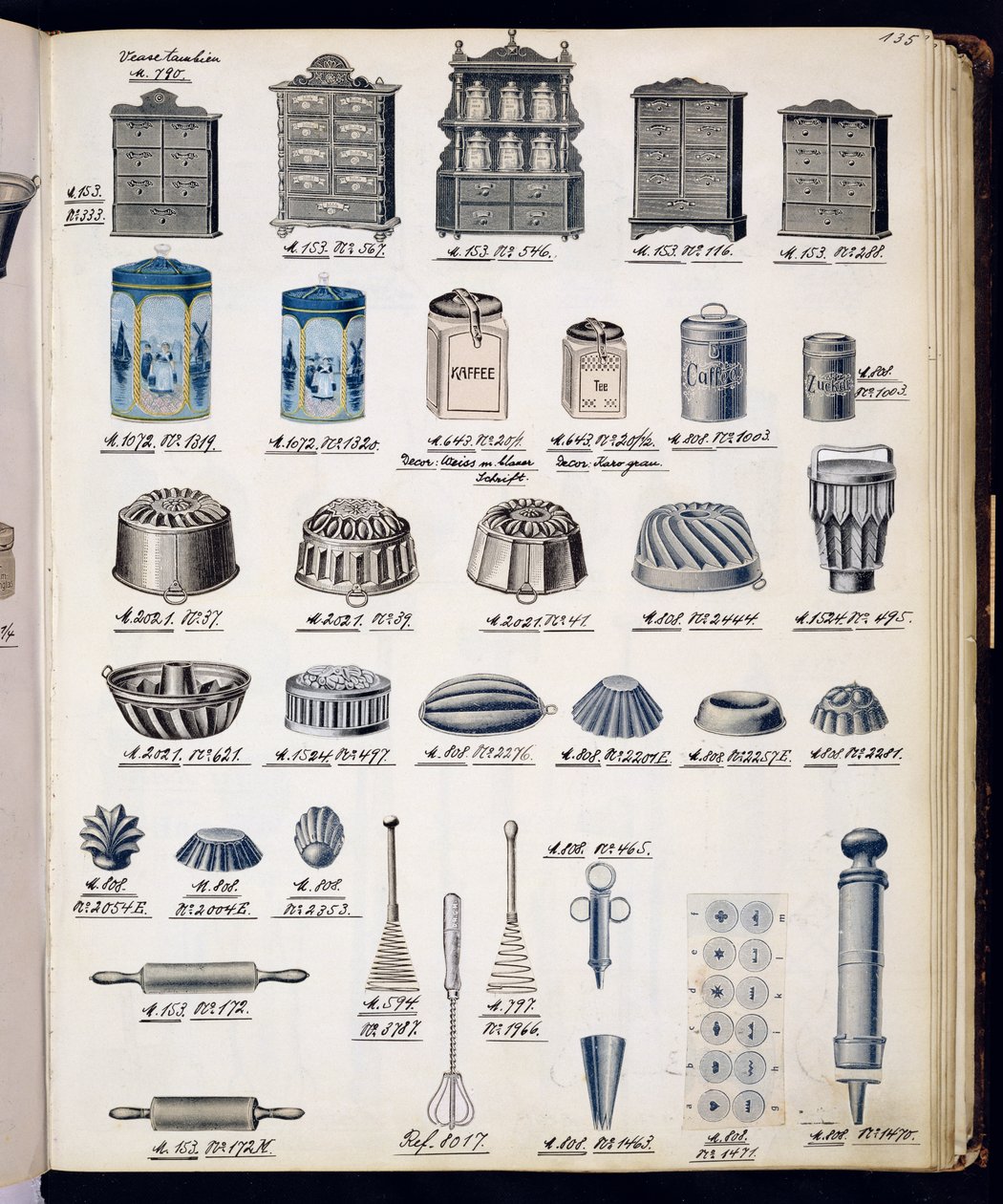 Köksförvaring och redskap från en handelskatalog över hushållsartiklar och inredning, ca 1890-1910 av English School