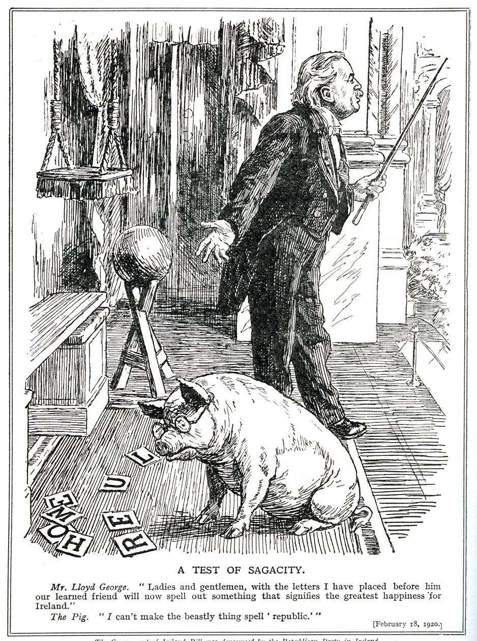 LLoyd George möter motstånd mot sin regeringsförslag från det irländska republikanska partiet. februari 1920 av English School