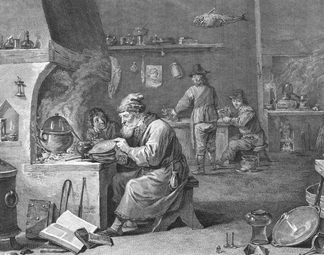 Laboratorium för en alkemist, 1700- eller 1800-tal av English School