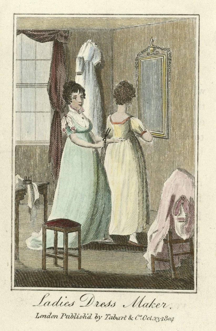Klänningsmakare för kvinnor, pub. 1804 (handfärgad gravyr) av English School