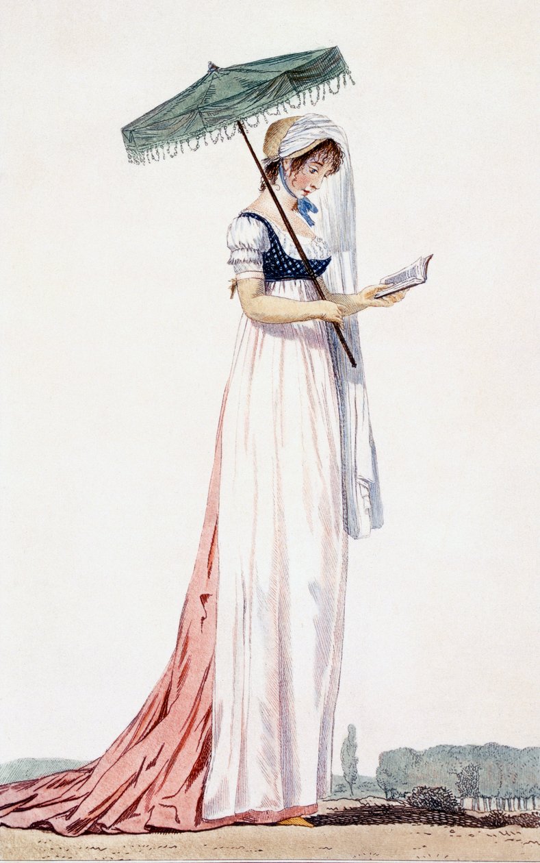 Dam elegant sommarklänning med parasoll, av Delacourt, 1770 (färggravyr) av English School