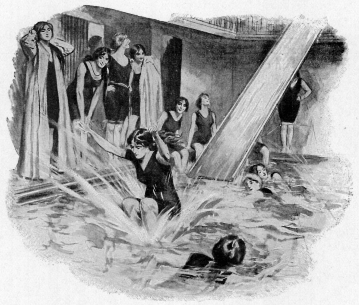 Damer som använder Chute (Bath Club) (litografi) av English School