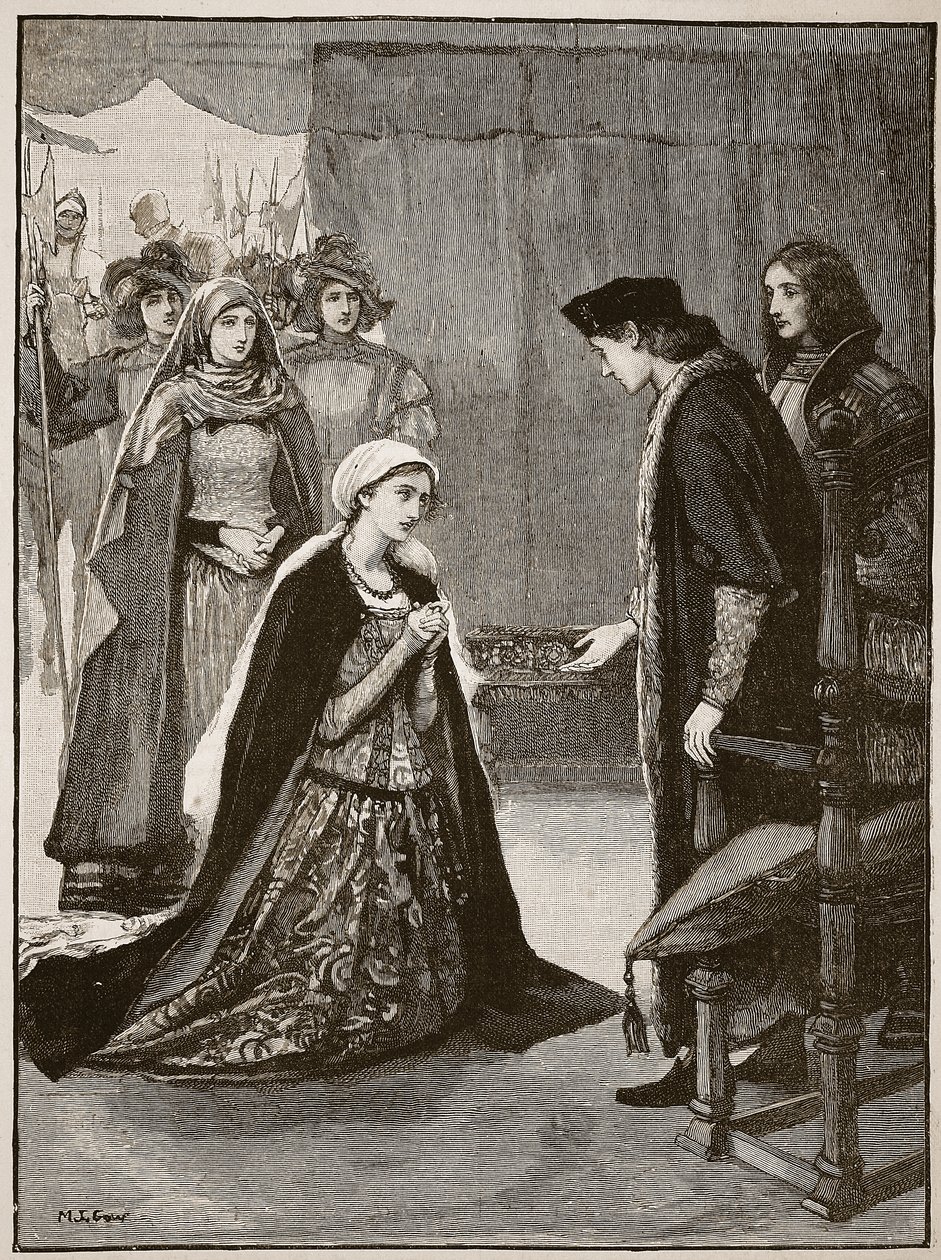 Lady Catherine Gordon före Henry VII, illustration från Cassells Illustrated History of England (sepiafoto) av English School