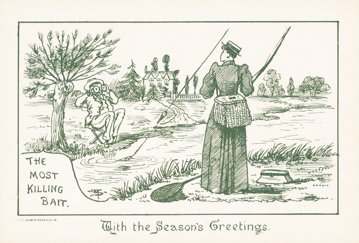Dam som fiskar bevakad av gentleman, julkort (chromolitho) av English School