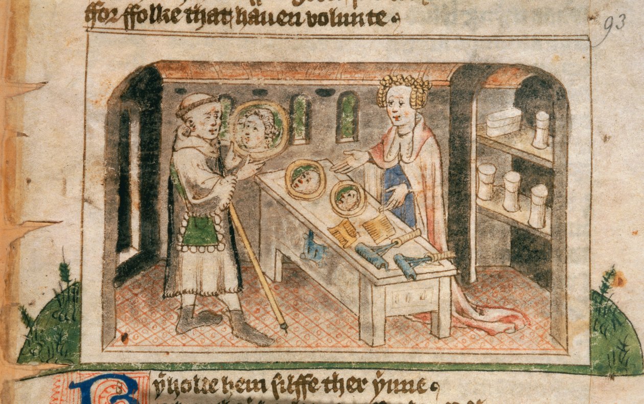Lady Hagiography visar en pilgrim hennes utställning av salvor och toalettartiklar, illustration från den engelska översättningen av 
