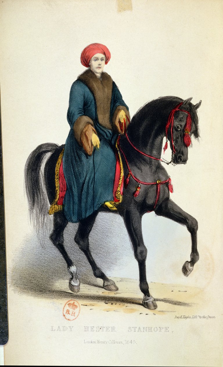 Lady Hester Lucy Stanhope (1776-1839) i arabisk klänning, illustration från hennes memoarer, London, 1845 (färgstick) av English School