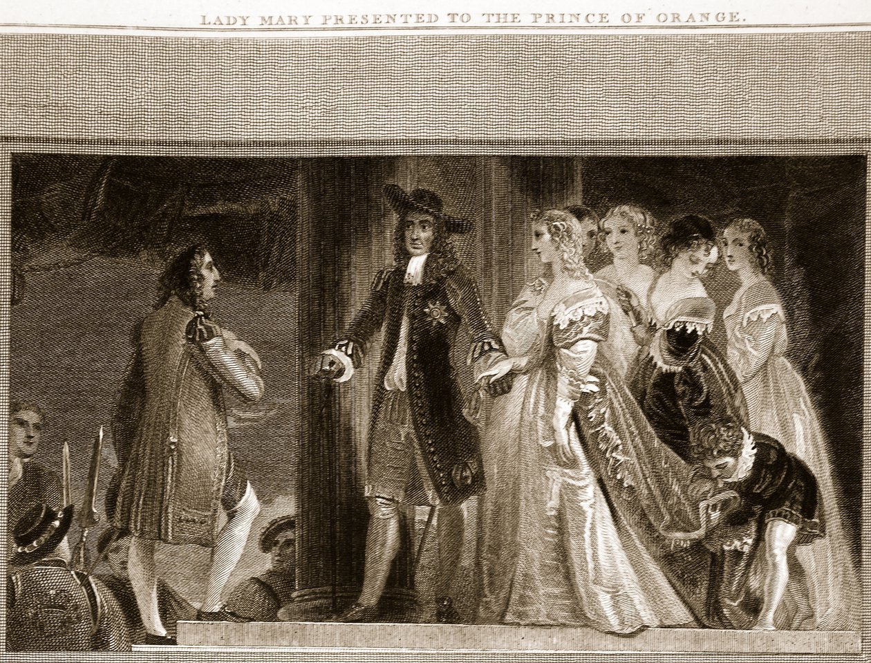 Lady Mary presenterade för Prince of Orange, illustration från David Humes The History of England, pub. av R. Bowyer, London, 1812 av English School