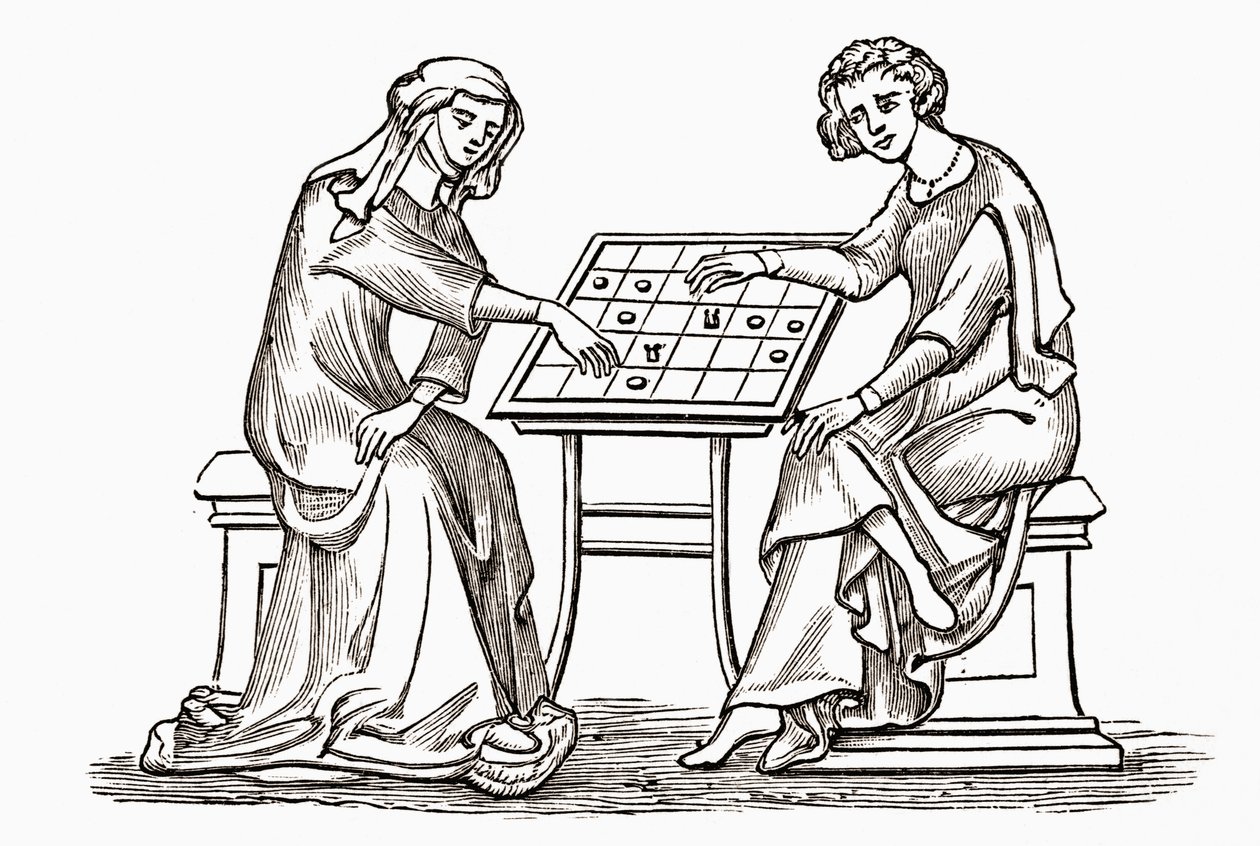 Dam och ungdomar som spelar utkast, eller dam, i början av 1300-talet, från "A Short History of the English People" av J. R. Green, publicerad 1893 av English School