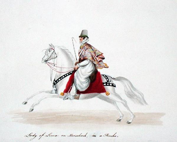 Lady of Lima till häst i en poncho av English School