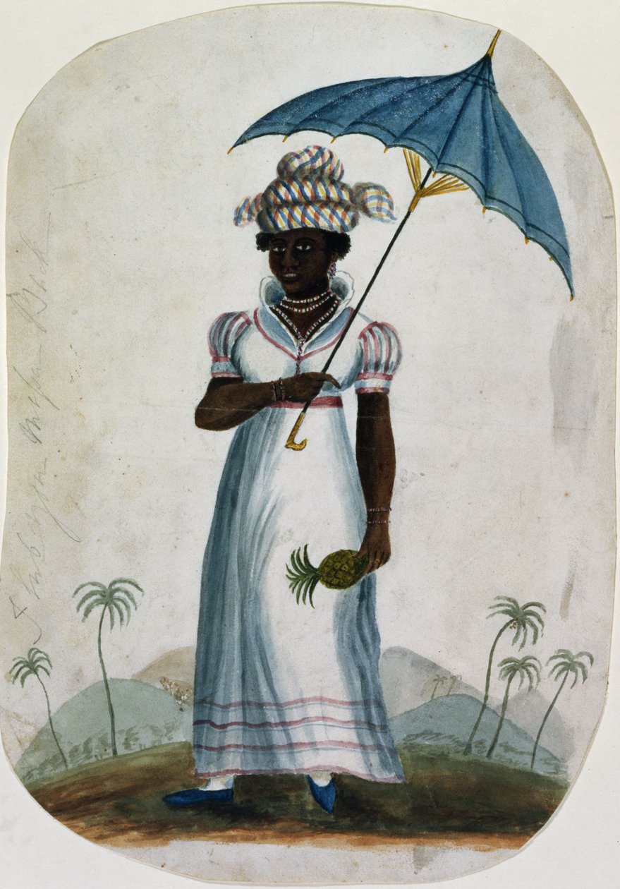Dam med ett parasoll och en ananas, ca 1840 (wc på papper) av English School
