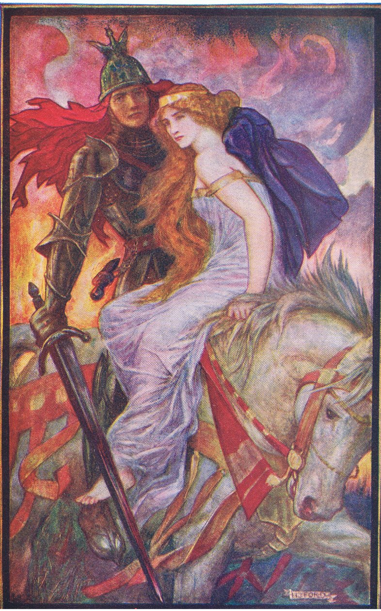 Lancelot bär bort Guenevere, illustration från "The Book of Romance" publicerad av Longmans Green och Co av English School