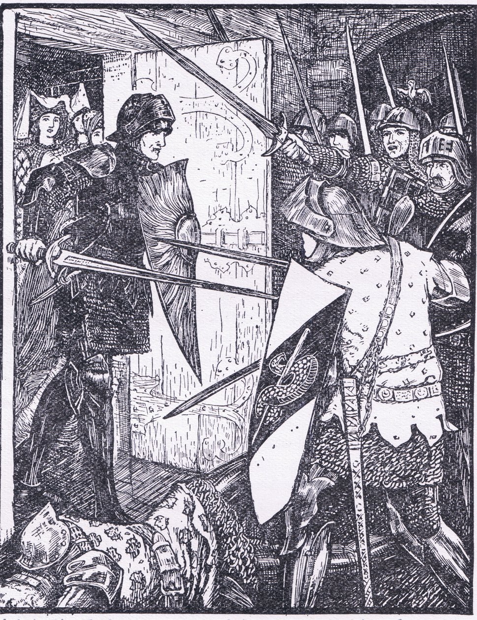 Lancelot kommer ut från Gueneveres rum, illustration från "The Book of Romance" publicerad av Longmans Green och Co av English School