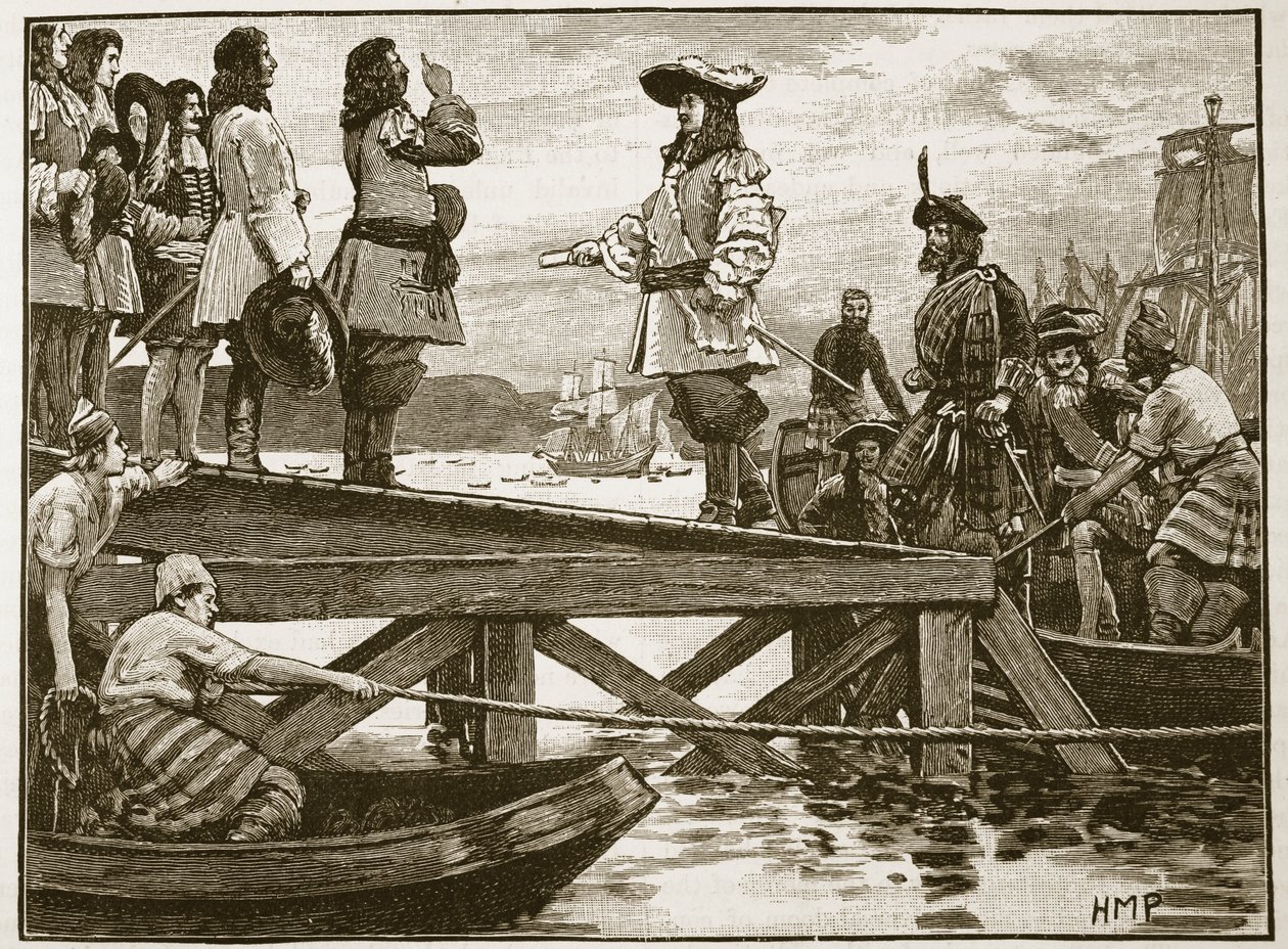Marshall Schombergs landning vid Carrickfergus, illustration från Cassells Illustrated History of England (sepiafoto) av English School